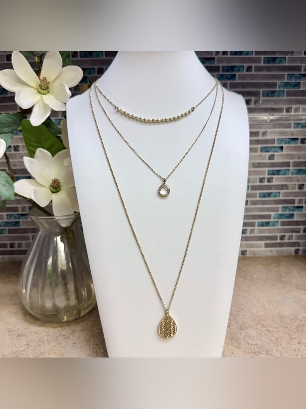 Loft Gold Layered Necklace Beaded Choker Clear Stone Teardrop Pendant